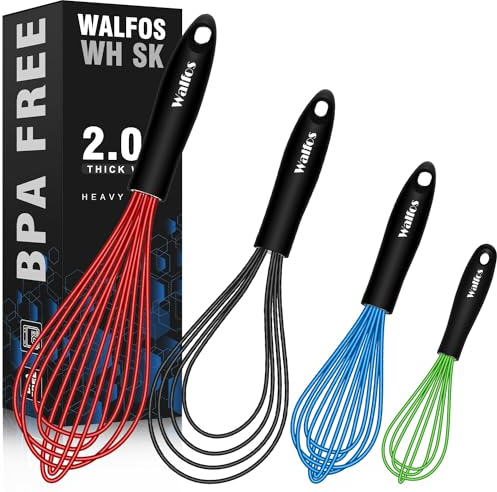Walfos Silikon-Schneebesen-Set, kratzfest, robustes Set mit 4 Küchenbesen, 27.9 cm flacher Schneebesen und 19.1 cm + 22.9 cm + 27.9 cm Ballon-Schneebesen (bunt)