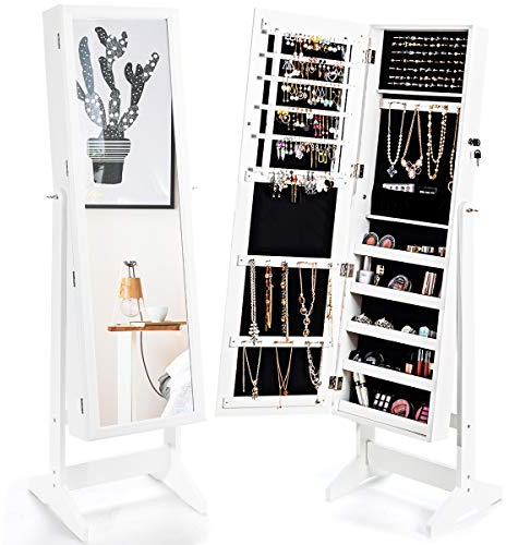 COSTWAY Armoire à Bijoux sur Pied avec Miroir Psyché, Meuble de Rangement et Présentoir Cosmétiques avec Porte Verrouillable, 4 Angles d'Inclinaison, Grande Capacité, 41 x 36,5 x 146 cm (Blanc)