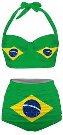 Annejudy Women Two Piece Bikini Set Swimsuit Halter Ruched High Waist Bikini with Bottom, 0-brazil Flag, XX-Large