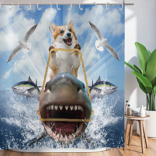 ASDCXZ Shower Curtain Funny 180x200 cm, Funny Dog Ride Shark Ocean Adventure Washable Textile Bathroom Curtains Polyester Fabric Waterproof Shower Curtains for Bathtub with 12 Shower Curtain Hooks