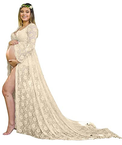Vuncio Robe Maternité Shooting Photo Dentelle Col en V Sexy Manches Longues Grossesse Mariage Ceremonie Soiree Cocktail Chic Et Elegant Femme Enceinte Grande Taille Pas Cher