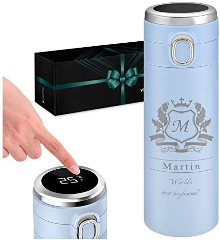 Maverton Engraved Blue Travel Mug for Husband - Reusable Coffee Cup for Birthday - Removable Tea Infuser - Travel Mug with Temperature Display - Personalised Mug for him - Emblem