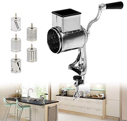 Manual Potato Grater Grater Kitchen Machine Vegetable Cutter Drum Grater Salad Grater Rotary Grater Cheese Grater Nut Mill Drum Cutter 5 Drum Inserts Manual Vegetable Cutter (Silver)