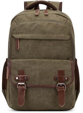 DEEVORCA Retro Hombre Mochila Grande Moda 15 Pulgada Ordenador Portatil Casual Bolsas con Mango Múltiples Bolsillos para Viajar Escuela Cámping Trabajo Senderismo Lienzo Hombre Backpack Verde