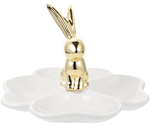 Bandeja for sujetar conejos, compartimento for decoración del hogar, bandeja for arreglos de joyas, elegante plato de almacenamiento, bandeja de joyería de cerámica, platos de Pascua ( Color : White ,