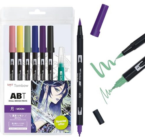 Tombow ABT Dual Brush Pen Set Manga Aquarelle Moon, set de 6 ABT + pinceau à réservoir d'eau, modèles de coloriage & tutoriel vidéo [ABT-6P-MANGA-MOON], bleu