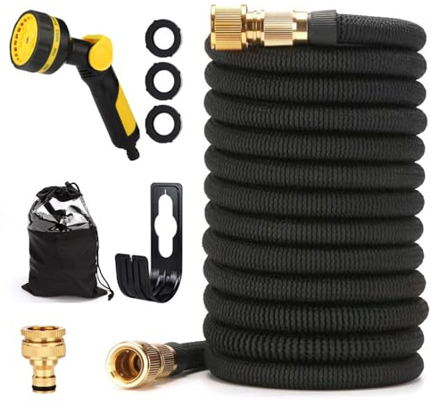 TGKYK Flexibler Gartenschlauch 30m/100ft, Schwarz, Polyester, Latex, 3/4 Zoll, 15 Bar, 10 Sprühmodi, inkl. Aufbewahrungstasche und Haken
