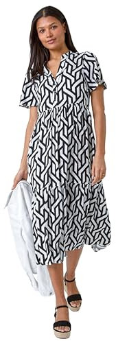 Roman Shirt Dress for Women UK Ladies Short Sleeve Sleeveless Belted Collared Midi Maxi Summer Spring Smart Casual Button Evening Office A Line Swing Skater - Black & Ivory - Size 18