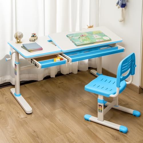 [en.casa] Schreibtisch Kinder Sauda Kinderschreibtisch höhenverstellbar 120 x 60 cm Schülerschreibtisch mit neigbarer Tischplatte und 2 Schubladen Blau/Weiß