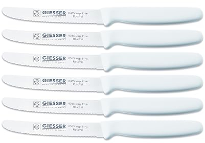 Giesser Messer - Made in Germany - 6er Set Brötchenmesser Tomatenmesser Küchenmesser Allzweckmesser Universalmesser Gemüsemesser 3mm Wellenschliff Klingenlänge 11cm (Weiß)