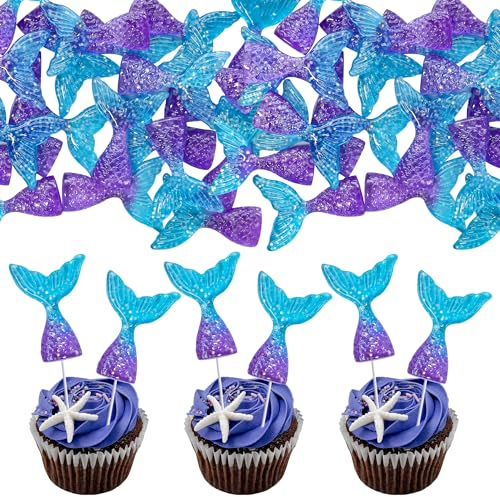 Mezrkuwr 24 Stück Meerjungfrauenschwänze Cupcake Topper, meerjungfrau tortendeko, Acryl Meerjungfrauenschwanz, für Party, Geburtstagsfeier, Babyparty, Partyzubehör