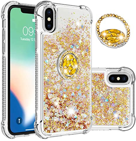 IMEIKONST Bling Diamond Ring Case for iPhone XS Max, Moving Liquid Transparent Slim Fits Shell for Girls Women Stand Fuction TPU Bumper Shockproof Cover for iPhone XS Max. Love Gold YBZ