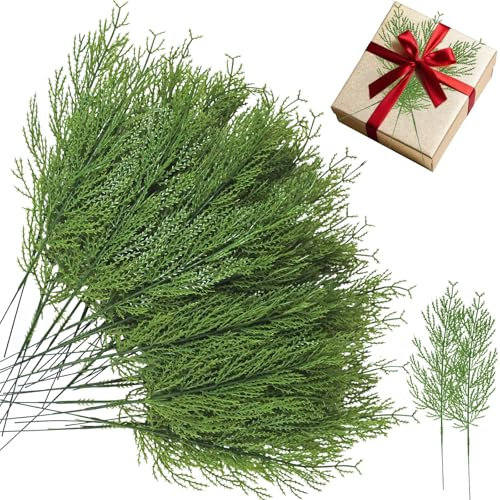 Kinisty 40 Pcs Artificial Plants Pine Needles Branches, Fake Pine Sprigs Green Faux Leaves Picks Small Plastic Plants for Christmas DIY Garland Wreath Tree Decoration