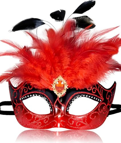 MYSEUNI Venezianische Maske 2025 rot für Damen mit Federn für Maskenball, Weihnachten