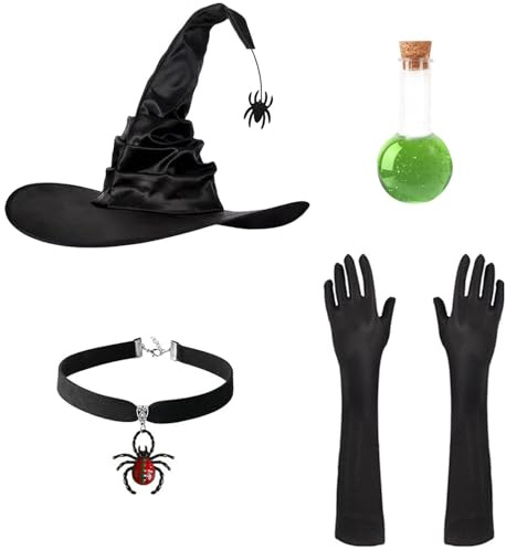 4-Piece Women's Witch Hat with Witch Accessories Set, Black Witch Hat with Spider Pendant & Long Gloves & Necklace & Potion Bottle, Halloween Costume Witch Accessories Witch Hat for Fancy Dress