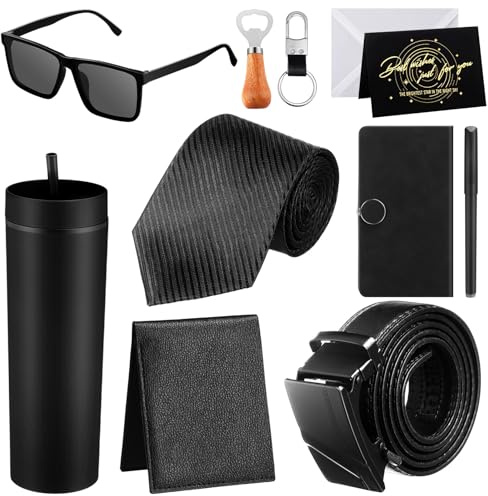 Tioncy 12 Pcs Birthday Gifts Set for Men Valentine's Day Gift Box Baskets 16 oz Tumbler Wood Bottle Opener PU Leather Wallet Tie Belt Keychain Sunglasses Pen Journal for Dad Boyfriend Husband Brother