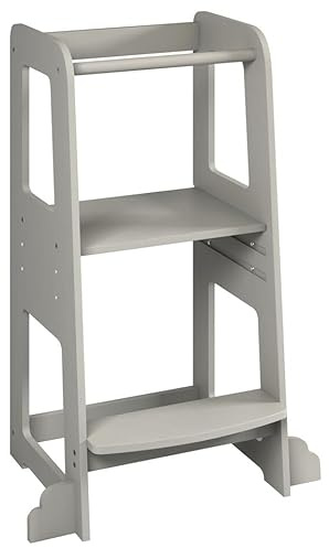 URBNLIVING 90cm Tall Grey Wooden Kitchen Step Kids Toddler Baby Learning Tower for Counter Bathroom Sink Anti-Slip Stool Protection Helper with Safety Protective Rail Durable & Lightweight