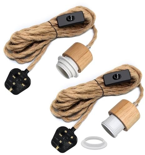 2 Pack Hemp Rope Plug in Pendant Lighting Cord, Wood E26/E27 Lamp Holder with Switch, Plug in Ceiling Light, Industrial Vintage Hanging Rope Light Fitting, DIY Creative Lamp, Rural Homestay Style