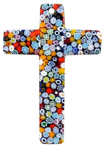 OVUNQUE PROTEGGIMI Kreuz aus Muranoglas, Kruzifix aus echtem Muranoglas, mehrfarbiges Millefiori-Muster, Heilige Wandkunst (Medium: 14 x 20 cm)