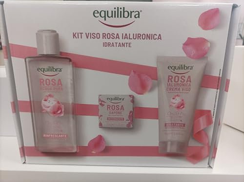 Equilibra Kit Viso Rosa Ialuronica, Set Idratante con Acqua Pura, Sapone e Crema Viso