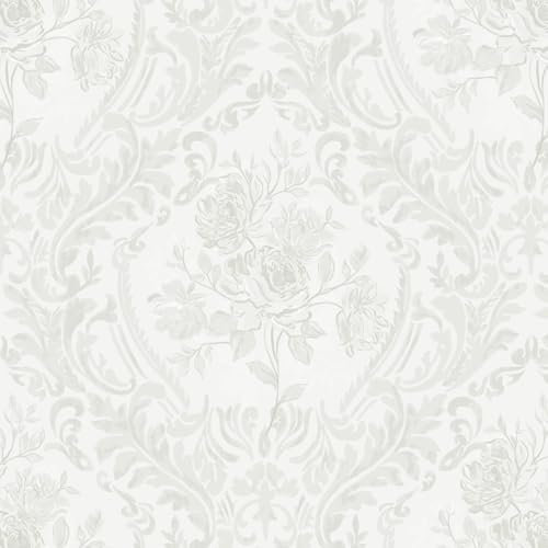 Ismoon Peel and Stick Wallpaper Vintage Floral Contact Paper Boho White and Grey Watercolor Damask Wallpaper Textured Removable Self Adhesive Vinyl Wall Paper for Bedroom, 17.3 in X 6.5 ft