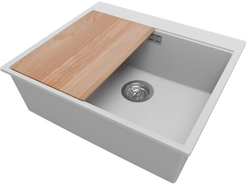 PRIMAGRAN Granitspüle Grau 58x50cm, Granitspüle 1 Becken + Ablauf-Set + Schneidebrett, Küchenspüle ab 60er Unterschrank - Oslo S288