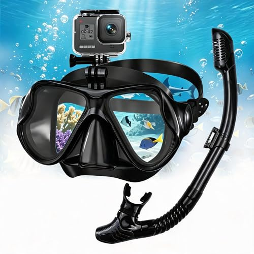 Shyllin Schnorchelset Erwachsene, Schnorcheln Set mit Taucherbrille & Dry Schnorchel, taucherbrille mit Kamerahalterung, Schnorchelmaske Anti-Fog Anti-Leck Gehärtetem Glas Panorama-Tauchen Schwimmen