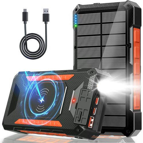 Batterie Externe Solaire 26800mAh, 45W Power Bank USB C Charge Rapide, Batterie Externe sans Fil avec 4 Ports, Lampe Torche, Étanche, Chargeur Portable pour Telephone, Camping, Randonnée (Orange)