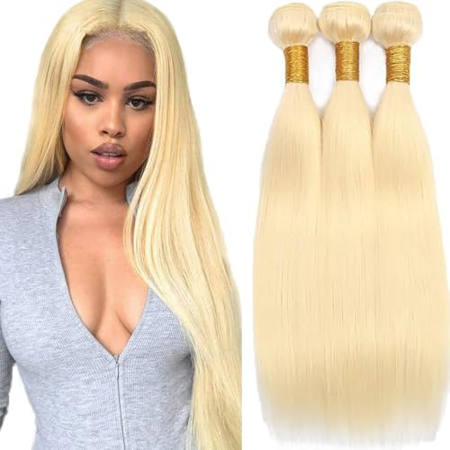 Tuheerst #613 Bleach Blonde Color Human Hair Bundles Straight 28 30 32 Inch No Shedding Thick And Soft Clueless Virgin Human Hair Extension For Woman 3 Bundles Total 150g