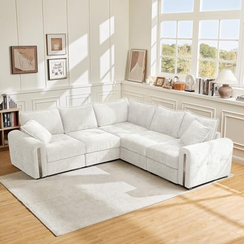 Vesgantti 5 Seater L Shape Modular Corner Sofa with Storage, White Chenille | Cloud Comfort, Deep Seat, Convertible 2C2 Corner Sofas, Easy Assembly, Sectional Couch for Family Living Room, Apartment