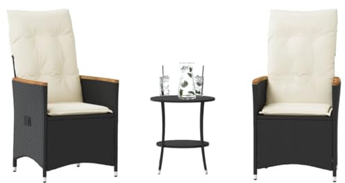 Tonture 3-TLG. Bistro-Set mit Kissen, Schwarz Poly Rattan, verstellbare Relaxsessel, Gartentisch, Outdoor-Möbel für Balkon & Terrasse