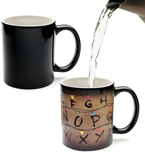 Nhemeylp Stranger Coffee Mug, 11Oz Heat Sensitive Ceramic Coffee Mugs with Letters & Lights Pattern, Novelty Gift for Stranger Fans