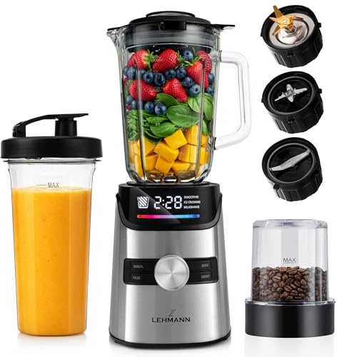 LEHMANN Frullatore Elettrico in Vetro 1,7 L, 10 Velocità, Pulse e 3 Programmi: Smoothie, Tritaghiaccio, Milkshake, Parti Lavabili in Lavastoviglie, Bottiglia Portatile e Macinino, 1400 W, Argento
