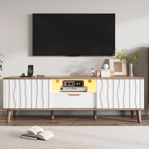 HaoChrymec Mobile TV LED in Legno MDF, per Soggiorno, Bianco e Noce, 160.0x40.0x52.0 cm