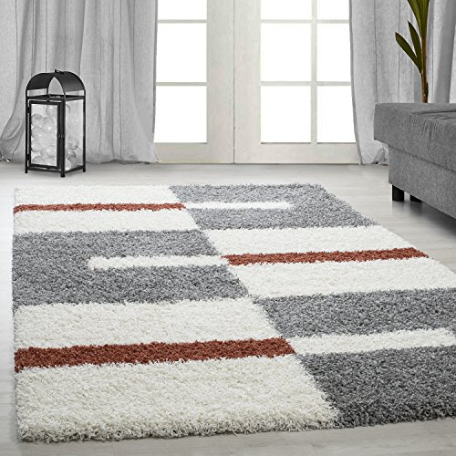 Carpetsale24 Hochflor Teppich 280 x 370 cm Terra-Grau – Weicher Shaggy Flokati im Karierten Design – XXL Wohnteppich für großzügige Räume wie Wohnzimmer, Schlafzimmer oder Essbereich – Modern