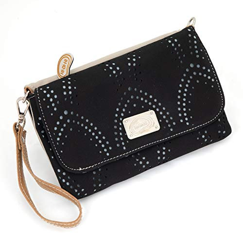HI-DI-HI Farbige Clutch Damentasche Umhängetasche mit abnehmbarem Schulterriemen und Handschlaufe in Wildlederoptik aus PU-Leder (schwarz/beige)