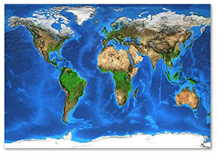 Tulup Glas-Bild Wandbild aus Glas - Wandkunst - Wandbild hinter gehärtetem Sicherheitsglas - Dekorative Wand für Küche & Wohnzimmer 100x70 - Landkarten & Flaggen - Weltkarte - Blau