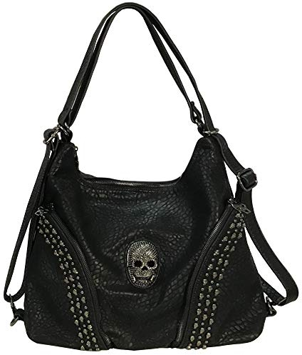 FiveloveTwo Damen 3Ways Handtasche und Geldbörse Umhängetasche Punk Schädel Henkeltaschen Schultertaschen Shopper Schwarz