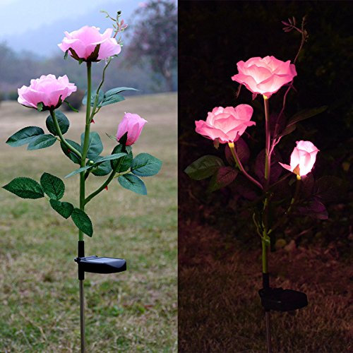 Homeleo Outdoor Solar Garden Lights, Solar Powered Artificial Rose Flower Lights for Gardening Dceorations Back Yard Patio Grave Cetemetry Decor- Pink