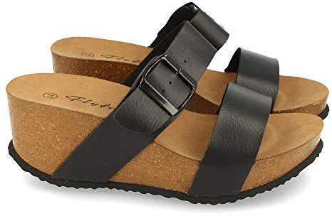 Sandalia Mujer con Cuna Bio, Pala Fina, Super Comodas, Talon Abierto y Decorada con Hebilla. Primavera Verano. Talla 35 Negro