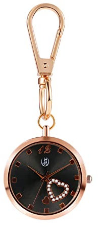 JewelryWe Herz Uhr mit Karabiner Schlüsselanhänger: Damen Karabineruhr Glitzer Strass Herz Analog Quarz Taschenuhr mit Rosegold Rundem Gehäuse und Schwarz Zifferblatt