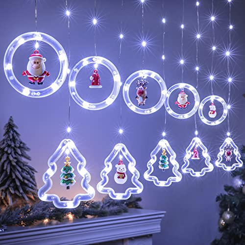 BLOOMWIN Tenda Luci della Finestra di Natale Catena Luminosa Albero di Natale 3m USB con Telecomando 8 Modalità 10 Addobbi Natalizi Illuminoazioni per Finestra Vetrina Giardino Festa