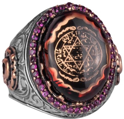 KAMBO 925 Sterling Silber Ring Davidstern Ring Okkult, Siegel des Königs Salomon Herrenring, religiöser Herrenring, Silberbronze, kein Edelstein, Silber, Bronze, Crème Amber