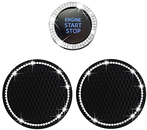 2 Car Cup Holder Coaster and 1 Crystal Rhinestone Engine Push Start Stop Button Cover Decoration, Interior Accessories for Women, Sticker Bling Ignition Ring