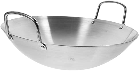 NUOBESTY 26 cm Doppelgriff-Wok-Edelstahl-Wok-Bratpfanne Mit Großem Fassungsvermögen Sauteuse Rundboden-Wok-Mehrzweck-Eintopfpfanne Funktioniert Für Elektrische Gaskochfelder