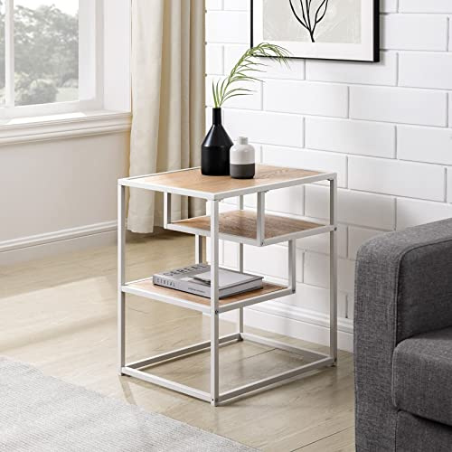 URBNLIVING 3 Tier Metal & Wood Side End Table Nightstand Furniture Living Room Bedroom Unit (White Frame & Coastal Oak Wood)