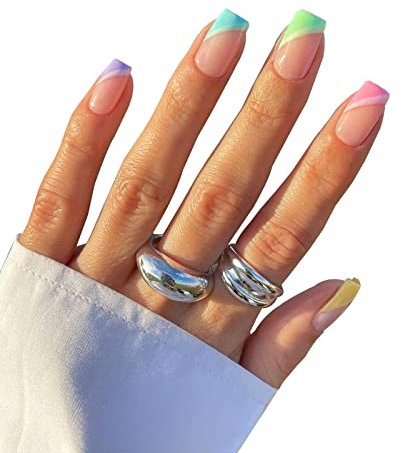 JUSTOTRY 24 Pcs Pastel Swirl Square Short False Nails Pattern,Rainbow French Press on Nails,Fake Nails Medium,Stick on Nails for Women,Squoval Nails Fake Nail for Nails Art