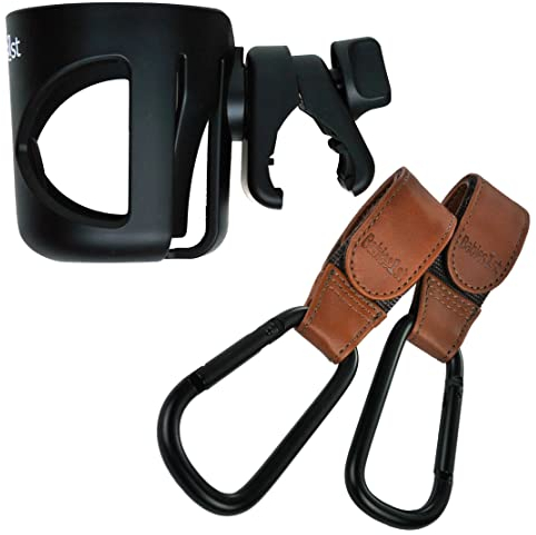 Spar Set - Babies1st Getränkehalter Kinderwagen, Schraubklemme mit Anti-Rutsch Einsatz + Kinderwagen Haken aus Aluminum mit Klettband aus Kunstleder Braun (2 St.)