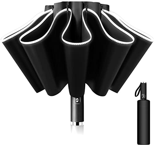 Poligono Regenschirm Sturmfest, Taschenschirm Groß für Herren und Damen, Umgekehrter Regenschirm 10 Rippen, Automatisch Auf und Zu, kompakt, Durchmesser 105 cm (Schwarz)