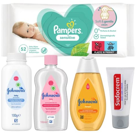 Baby-Badewannen-Reise-Essentials-Set – Johnson's Baby, Pampers & Sudocrem, Babyöl, Shampoo, Pulver, Tücher und Creme, Flughafensicherheit zugelassene Flüssigkeiten, Babypflege für unterwegs